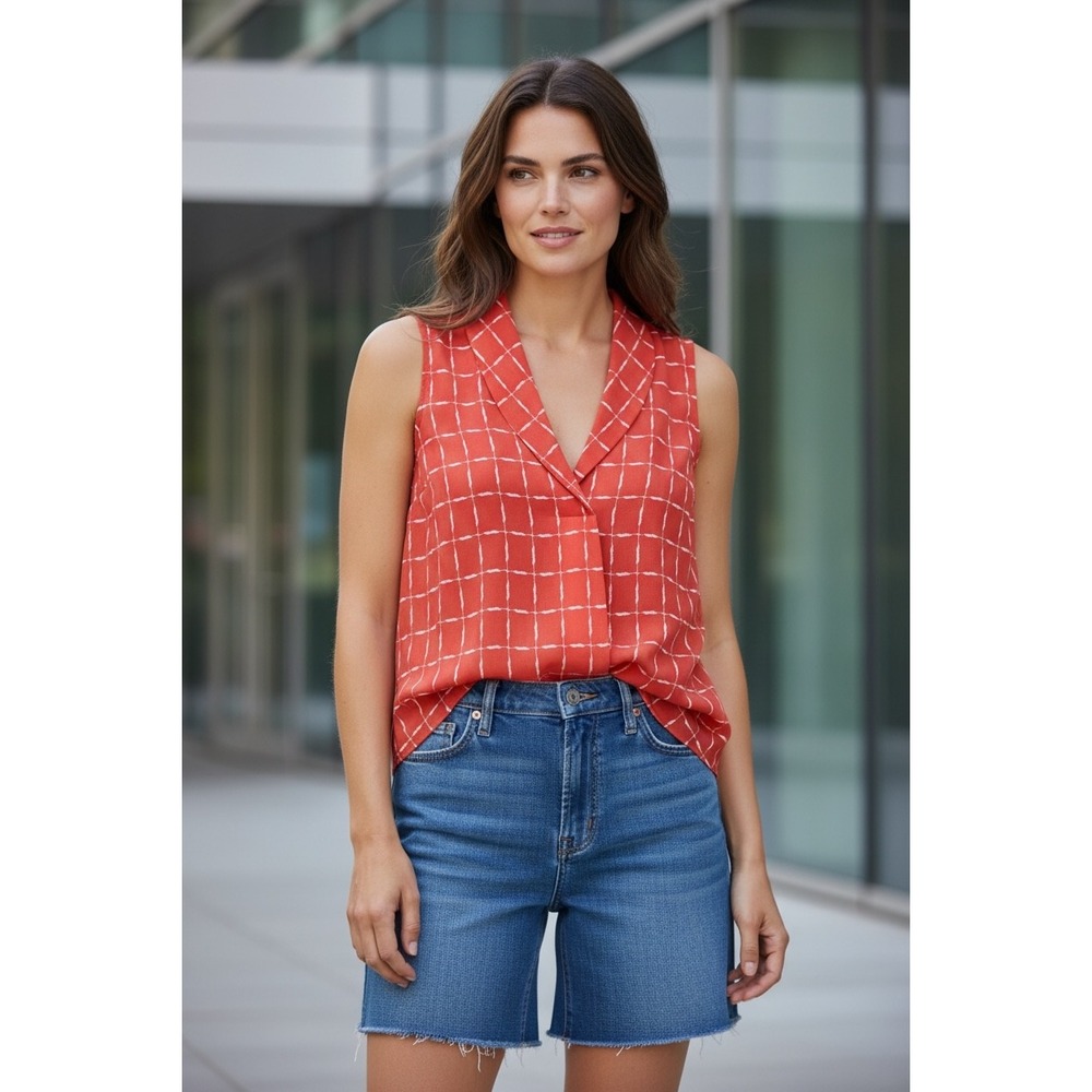 MINE Sleeveless Pullover Womens S Small Orange‎ White Grid Ruffle V-Neck lover